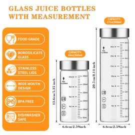 Glass Juice Bottles 16 Oz, Wide Mouth Reusable Clear Glass Water Bottles with Graduations 100% Leak Proof Stainless Steel Lids, BPA Free, Fits in Cup Holder Juice Containers Set of 6
