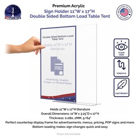 Marketing Holders Clear Acrylic Vertical Picture Frame, 11" W x 17" H Dual Sided For Countertop Use Sold in Case Packs of 5