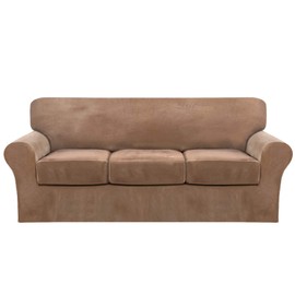 FantasDecor 4 Piece Sofa Velvet Couch Covers for 3 Cushion Stretch Slipcover with Individual Seat Cushion Elastic Furniture Protector for Pets, Machine Washable (Sofa, Luggage)