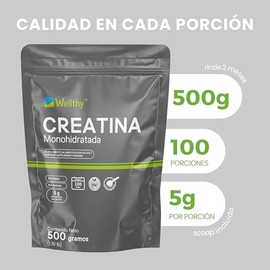Wellthy Creatina Monohidrata 500g 100% Pura, Pre Entreno Sin Sabor y Sin Azúcar, 5g de Creatina por porción, 100 días de Consumo, Scoop Incluído, Bott