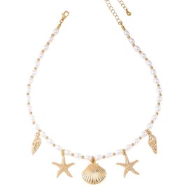 Gold Sea Shell Necklace, Dainty Gold Pearl Jewelry for Women - Ocean Inspired Shell Starfish Charm Accessory Beach Jewelry