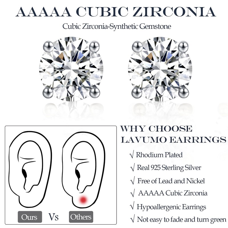 LAVUMO Sterling Silver Stud Earrings, Zircon Crystal, 14K Gold/White Gold