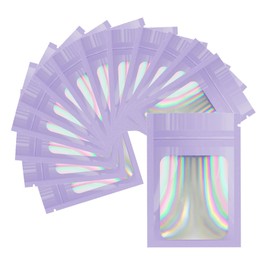 4CP 100 Pcs 4x6 Inch Holographic Mylar Bags with Clear Window, Purple Zipper Packaging Bags for Food Storage, Odor Foil Pouch for Lipgloss & Jewelry Eyelash Packaging for Small Business