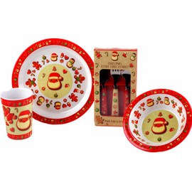 Christmas 4 Piece Melamine Kid's Dinner Set - Plate Bowl Cup Metal Cutlery