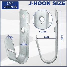 Gisafai Cable Support J-Hook, 3/4 Inch Metal Garage Hooks for Hanging, Heavy Duty Network J-Hook for Cable and Wire Management Wall Attaching J Utility Hooks, G60 Galvanized Steel, Silver (200)