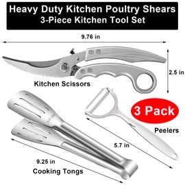 TONKIKA Heavy Duty Poultry Shears - Professional Stainless Steel Kitchen Scissors,Spring-Loaded,Dishwasher Safe, Bonus Peelers & Tongs for Meat, Chicken, Turkey-3 Pack