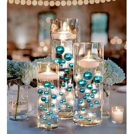 100 Floating Turquoise Blue Pearls with Matching Sparkling Gems- Large Sizes-Fills 2 Gallons of Transparent Gels for Floating Effect-with Measured Floating Gels Prep Bags for Best Results!