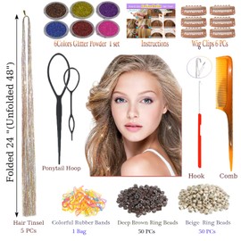 CelineBella Hair Tinsel Kit with Tools Galaxy Glitter Tinsel Hair Extensions Heat Resistant Highlights Sparkling Fairy Hair for Kids Women Girls(48 Inch Pack of 5Pcs, Galaxy)