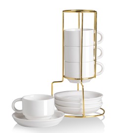 Sweejar Porcelain Espresso Cups with Saucers, 4 Ounce Stackable Cappuccino Cups with Metal Stand for Coffee Drinks, Latte, Tea - Set of 4 (White Gold Stand)