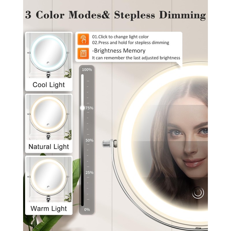 vpu 9" Wall Mounted Makeup Mirror with Light, 20X/1X Height