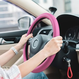 Evankin Pink Leather Steering Wheel Cover, Comfortable and Soft Solid Color Universal Steering Wheel Cover 15 inch, Car Accessories for Women