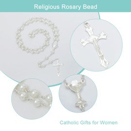 KOMI 6 MM White Pearl Rosary Beads with Crucifix and Chalice Centerpieces Catholic Rosary Necklace for Women with Velvet Bag