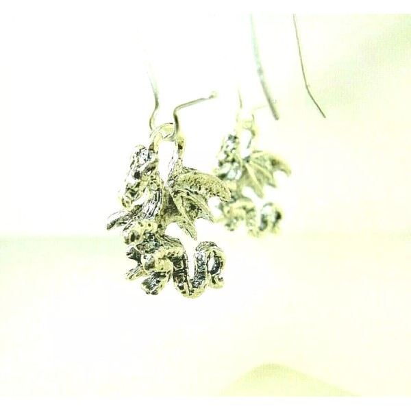 New Petite 3-D Winged DRAGON Silver-tone Drop Dangle Earrings 1-9/16"