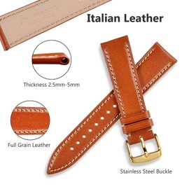 WOCCI 20mm Luxury Watch Band, Italian Leather Strap with Golden Buckle (Gold Brown)