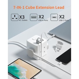 Extension Lead 5M with USB Slots, 3 Way Cube Power Extension with 4 USB (5V/3.1A 15.5W), Small Tower Extension Lead for Home, Office, Dorm Room, 13A/3250W