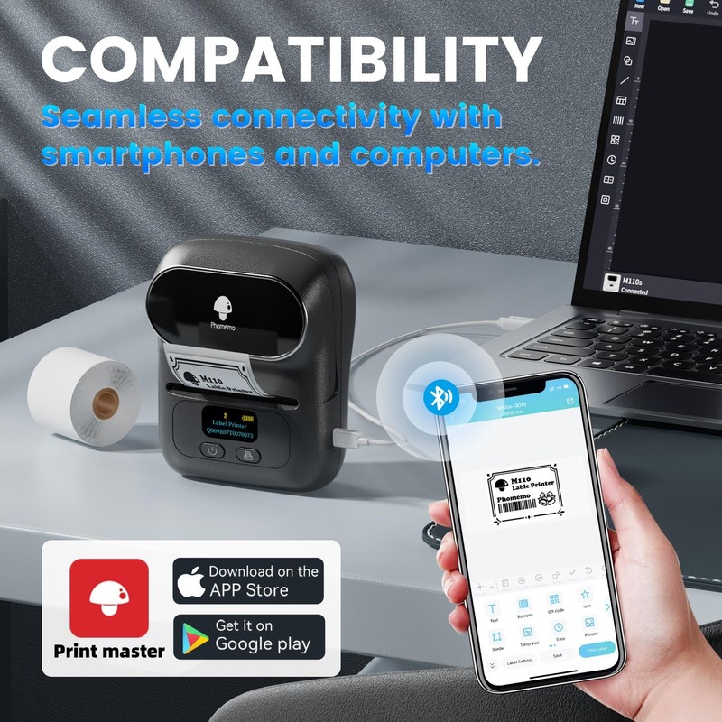 Phomemo M110 Bluetooth Thermal Label Maker, Wireless Portable Sticker Label