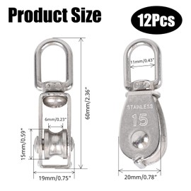 OWLMATE Pack of 12 M15 pulleys for ropes, 304 stainless steel pulley, steel cable, cable pulley for wire ropes, ropes up to 6 mm diameter, load capacity 35 kg