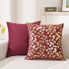 TAOSON 2Pcs Wine Red Velvet Throw Pillow Covers,Gold Bronzing Leaves,18x18