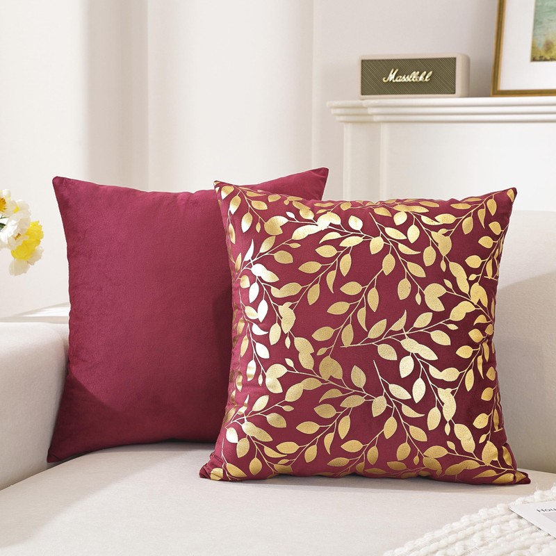 TAOSON 2Pcs Wine Red Velvet Throw Pillow Covers,Gold Bronzing Leaves,18x18