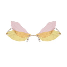 RUNHUIS Rimless Dragonfly Sunglasses Vintage Retro Wings Shaped Butterfly Fairy Shadow Glasses Fashion Party Glasses for Women Men, Yellow-pink