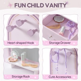 ROBOTIME Purple Kids Vanity Set, Makeup Vanity Desk with Mirror, Chair and Storage Drawers, Little Girl Dressing Table with Stool for Toddlers Ages 3+