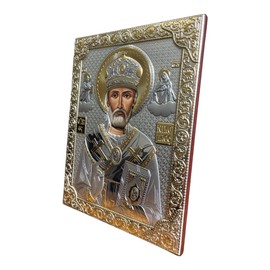 (P-4/003G/K) Saint Nicholas Byzantine Silver Orthodox Icon/Greek Handmade (6 1/2 x 5)