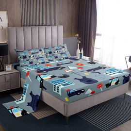 Cartoon Police Cars Kid Sheet Queen Size,American Police Office Policeman Bedding Set,Girls Boys Men Room Decor,Western Police Theme Blue Fashion Bed Sheet Set 4pcs(Fitted + Flat + 2 Pillowcases)