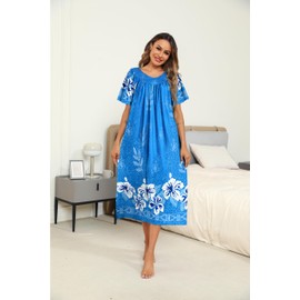 Ekouaer Women's House Dress with Pockets Long Nightgowns for Women House Dress Pleated Moo Moos for Women,Floral Blue,XL