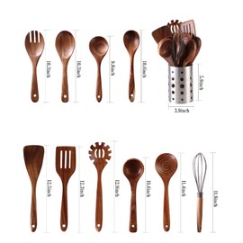 NAYAHOSE Wooden Kitchen Utensils Set with Holder, NAYAHOSE 11 Pcs Teak Wooden Cooking Spoons and Spatulas with Stainless Steel Storage Barrel