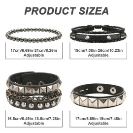 Yolev Set of 4 Punk Leather Bracelets Hematite Black Braided Leather Bracelets Set for Men Women Adjustable Spike Metal Cuff Bangle Length Woven Leather Bracelet