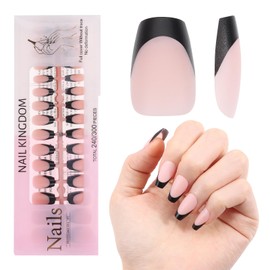 WUZIA French Tips Gel x Nail Tips, 240PCS Press on Nails Pre-applied Tip Primer & Base Coat Cover, 15 Size Soft Gel Fake Nails for Nail Extension DIY(Matte Black-LN White S Coffin)