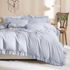 Sanracie Ruffled Bedding Comforter Sets King Size, 100% Cotton Comforters Set 3Pcs for All Season Cornflower Blue Shabby Boho Chic Bedding French Country Farmhouse Rustic Aesthetic Bedroom Sets
