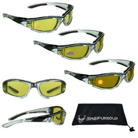 Bikershades Motorcycle Day Night Transitional Safety Photochromic Glasses Yellow to Brown Women Chrome Black Frame with Rhinestones