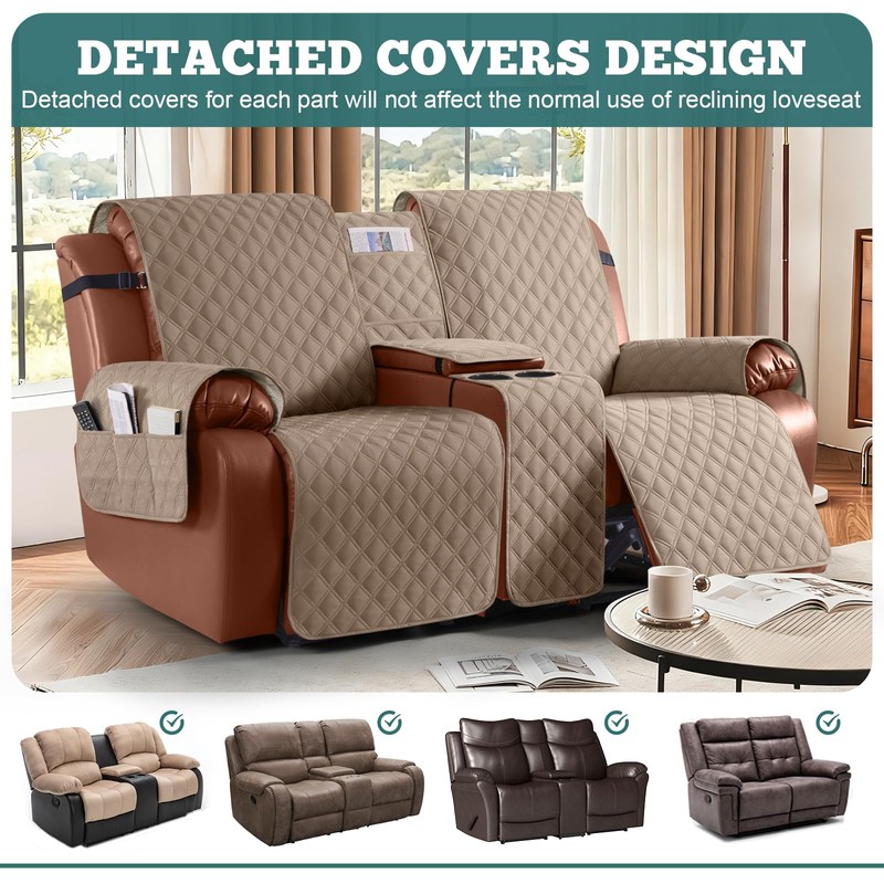 Ruaozz Waterproof Loveseat Recliner Cover with Console Non-Slip Reclining Couch