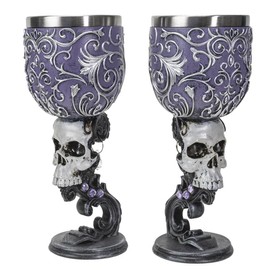 Ebros Gift Set Of 2 Gothic Ossuary Macabre Death's Desire Silver Scrollwork Victorian Skull Wine Goblets 7oz Silver Baroque Detailing Feline Cats Beverage Chalice Cups