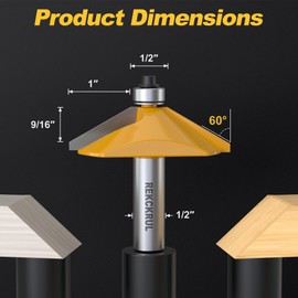 REKCKRUL 60 Degree Chamfer Router Bit with Bearing, 1/2 Inch Shank, 9/16 Inch Cutting Length, Carbide Tipped Woodworking Router Bits for Precision Edge Trimming