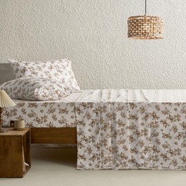 Wake In Cloud - Shabby Chic Bed Sheets, 4-Piece Sheet Set, Floral Botanical Coquette Cottagecore Vintage Flower, Soft Microfiber Deep Pocket Bedding, Brown Taupe, Twin Size