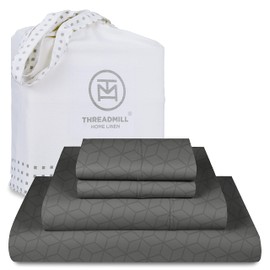 Threadmill Queen Bed Linen Set, 400 Thread Count Egyptian Cotton, Deep Pocket, Cooling Damask Jacquard, Dark Grey, 4 Piece Set
