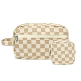 LEDAOU 2Pcs Travel Makeup Bag Cosmetic Bag Small Corduroy Makeup Pouch with Zipper Cute Travel Toiletry Essentials for Women Teen Girls (Brown Checkerboard)