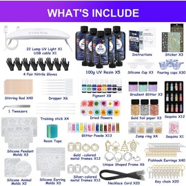 KISREL Kit de fabricación de joyas de resina UV, 500 g, resina UV transparente, luz grande con 22 abalorio y moldes de joyería, curado rápido para llaveros, fabricación de aretes, decoración de