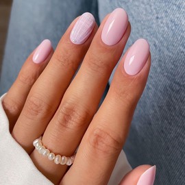Cute Press on Nails Short Almond OFDNE Baby Pink Fake Nails Pearls Charms False Nails Shell Embossed Designs Full Cover Stick on Nails Glue on Nails Acrylic Nails for Women Girls 24 Pcs