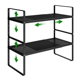 Expandable Kitchen Cabinet Shelf Organizer Rack Heavy Duty Metal Spice Rack Stackable Kitchen Counter Storage Shelf for Kitchen Cabinet Pantry Bathroom (Black - 16.5"-27" L x 8" W x 9.6" H - 2Pack)