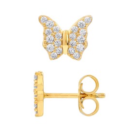 Silvershake White Cubic Zirconia 14K Yellow Gold Plated 925 Sterling Silver Minimalist Butterfly Trendy Chic Stud Earrings April Gemstone Birthstone Jewelry for Women, Sterling Silver 14K Gold Plated