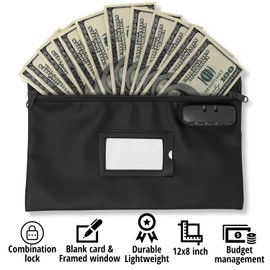 Money Bag for Cash with Lock | 12x8 Inch | Black | Leatherette Locking Bank Bag | Cash Bag with Lock | Money Bags with Zipper for Cash | Bank Deposit Bags with Zipper | Bank Bags with Zipper
