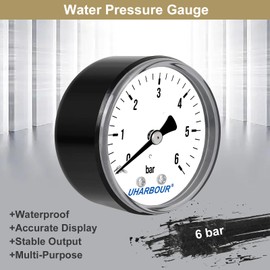 UHARBOUR Pressure Gauge Water 0-6 Bar, Pressure Gauge 1/4 Inch, Pressure Gauge Compressed Air Bracket on the Back, Compressed Air Pressure Gauge 1/4 BSP Brass Connection