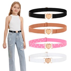 WERFORU 4 Pack Girls Fashion Cute Adjustable Heart Elastic Stretch Belts Black/Brown/Pink/White, Black, brown, pink, white