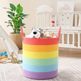 Degeyoyo Rainbow Storage Basket for Organizing, 15"×18" Large Tall Laundry Baskets, Cotton Rope Woven Blanket Basket, Toy Storage for Kids, Collapsible Laundry Hamper for Living Room, Nursery Room