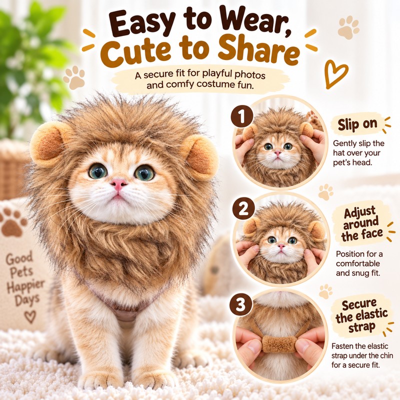 Lion Mane Pet Hat for Cat Dress-Up – Elastic Headgear