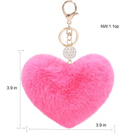 Women's Heart Faux Fur Pom Pom Key Chains Bag Accessory Puffball Keyring Backpack Charms for Girls(rose red)