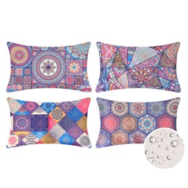 Velvhom Outdoor Cushion Cover Set of 4 Bohemia Mandala Flower Pattern Throw Pillow Cover Waterproof Hippie Rectangle Pillow Case 12 X 20 Inches for Patio Garden Bench Couch Car,30cm x 50cm